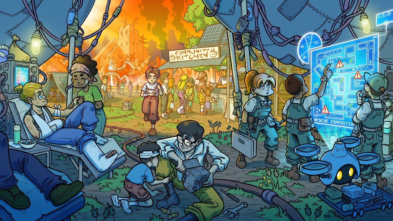 A cartoom picture of mutual aid, showing injured people being cared for, a rescue expedition being planned, and a community kitchen feeding people. The vibe is high-tech, with robots assisting humans.
