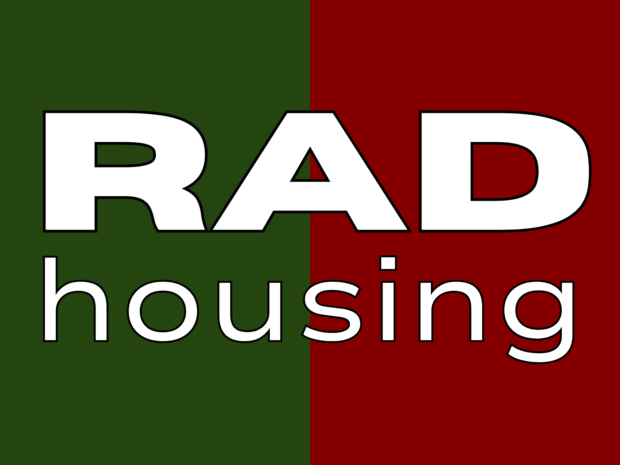 A square of half red, half green, with the words "Rad Housing" on it.