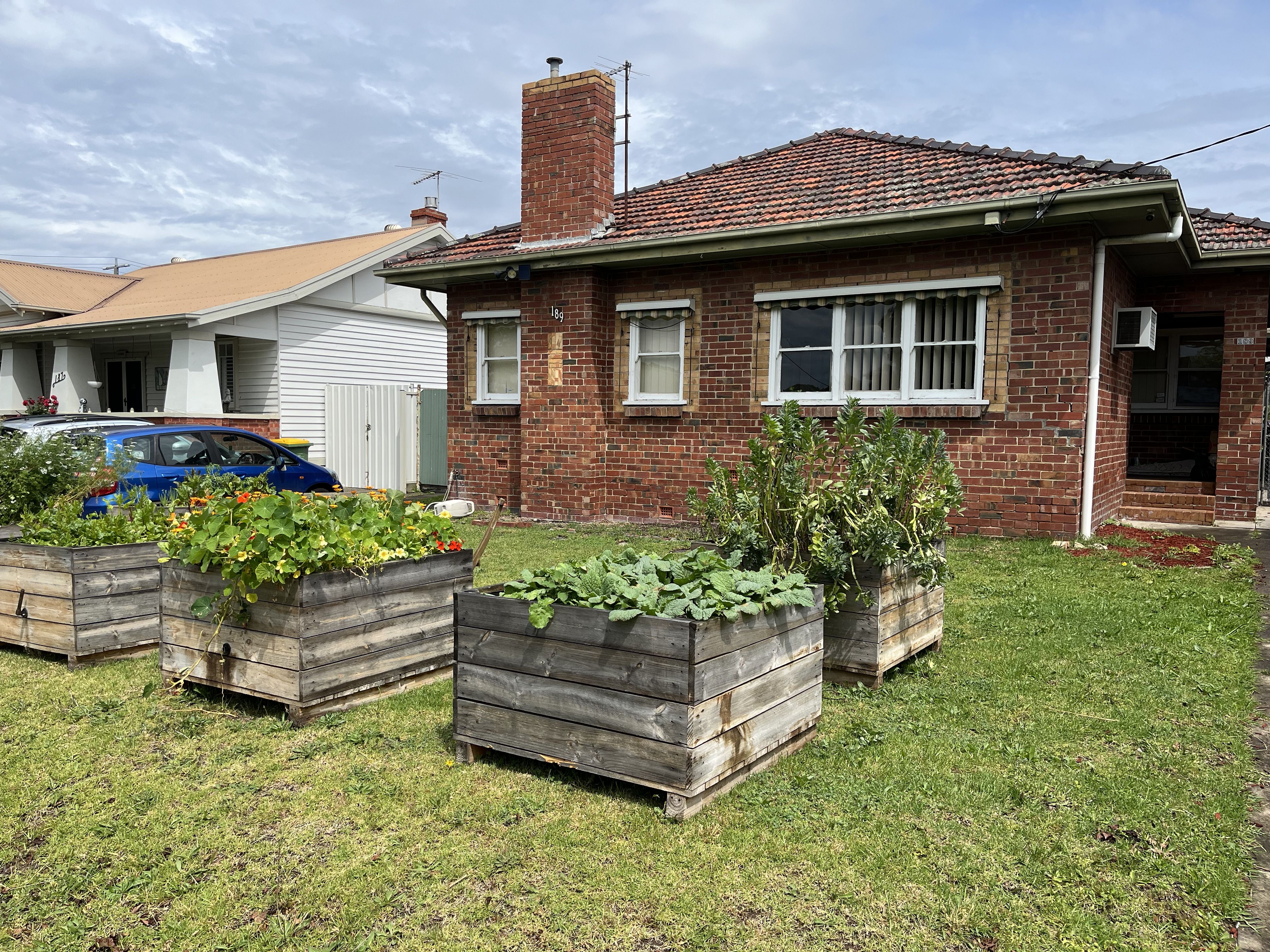 A picture of the front at radish house, showing the raised garden beds on the lawn.