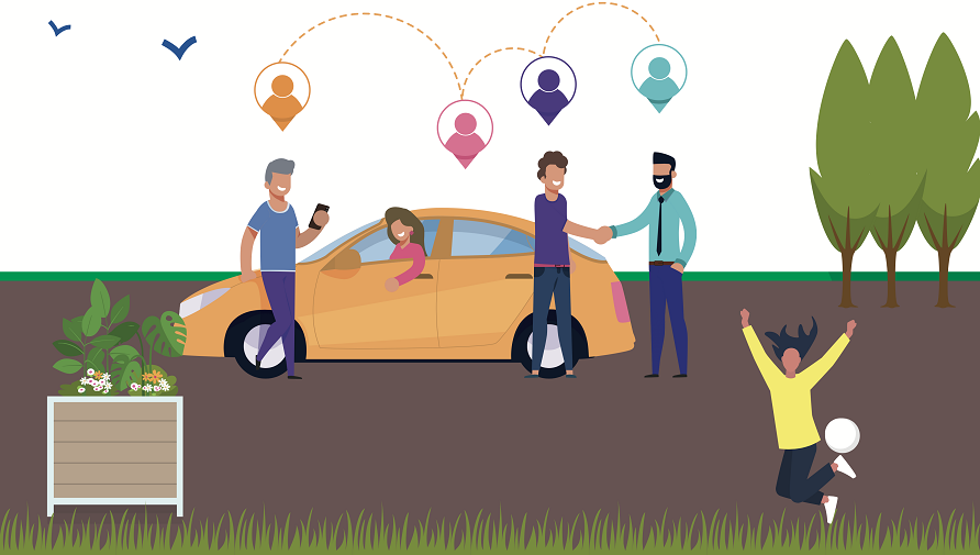 Some generic clip-art representing car-sharing, showing happy people gathered around a car.